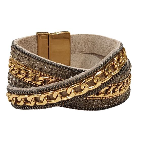 Unbranded Jewelry - Large Cuff Statement Bracelet Gold-tone Chain Pave Crystals on Crisscross Fabric